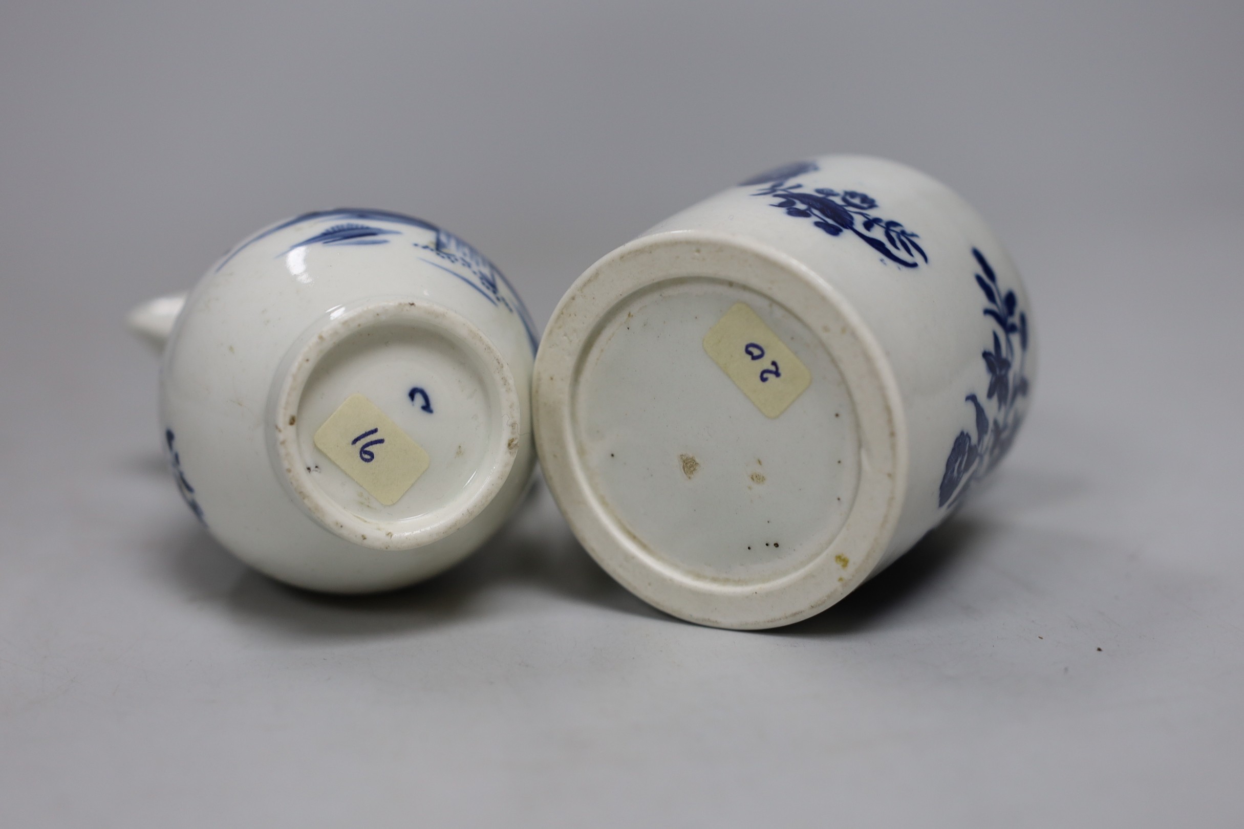 An 18th century Caughley rare sparrowbeak jug painted with the Waiting Chinaman pattern, handle repaired and a Caughley mustard pot and cover with Three Flowers, jug 9cms high